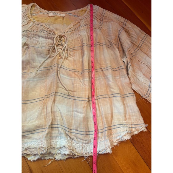 We The Free Plaid Lace Up Blouse Long Sleeve Gauzy Cotton Boho Flowy Blend Large - Picture 6 of 7
